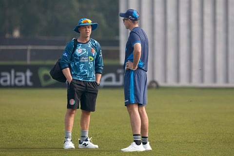 Afghanistan vs New Zealand 1st Test Day 1: New Zealand's captain, Tim Southee, right, interact with Afghanistan's head coach, Jonathan Trott